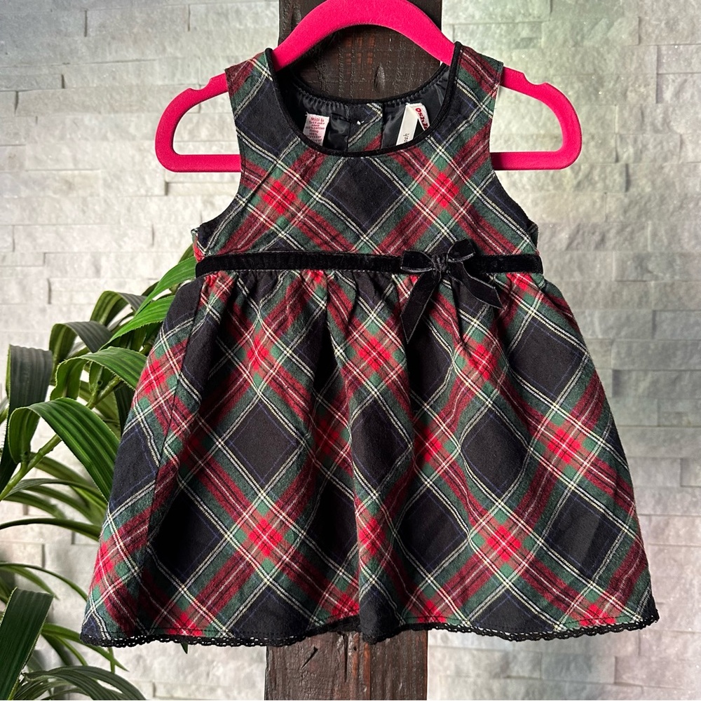 OSHKOSH Christmas Holiday Red Black Plaid Jumper Dress with Velvet Bow